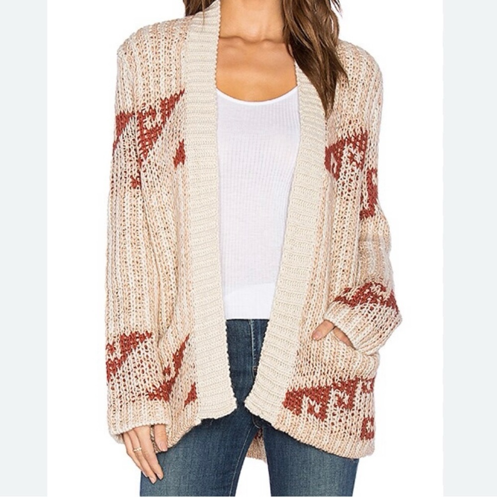 Free People Cream and Red Geometric Cardigan Sweater